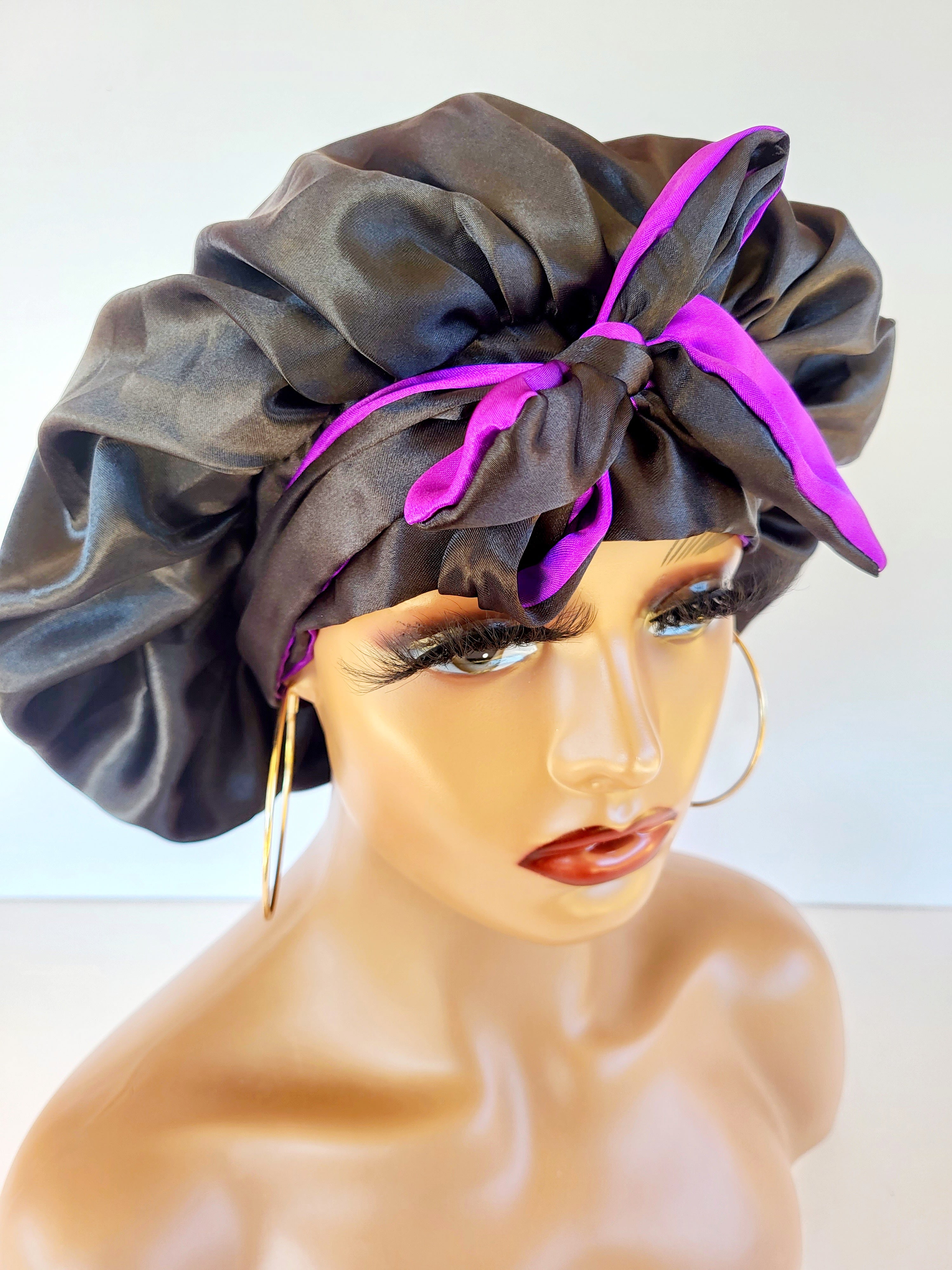 &quot;Purple &amp; Black&quot; Reversible Womens Sleeping Satin Bonnet