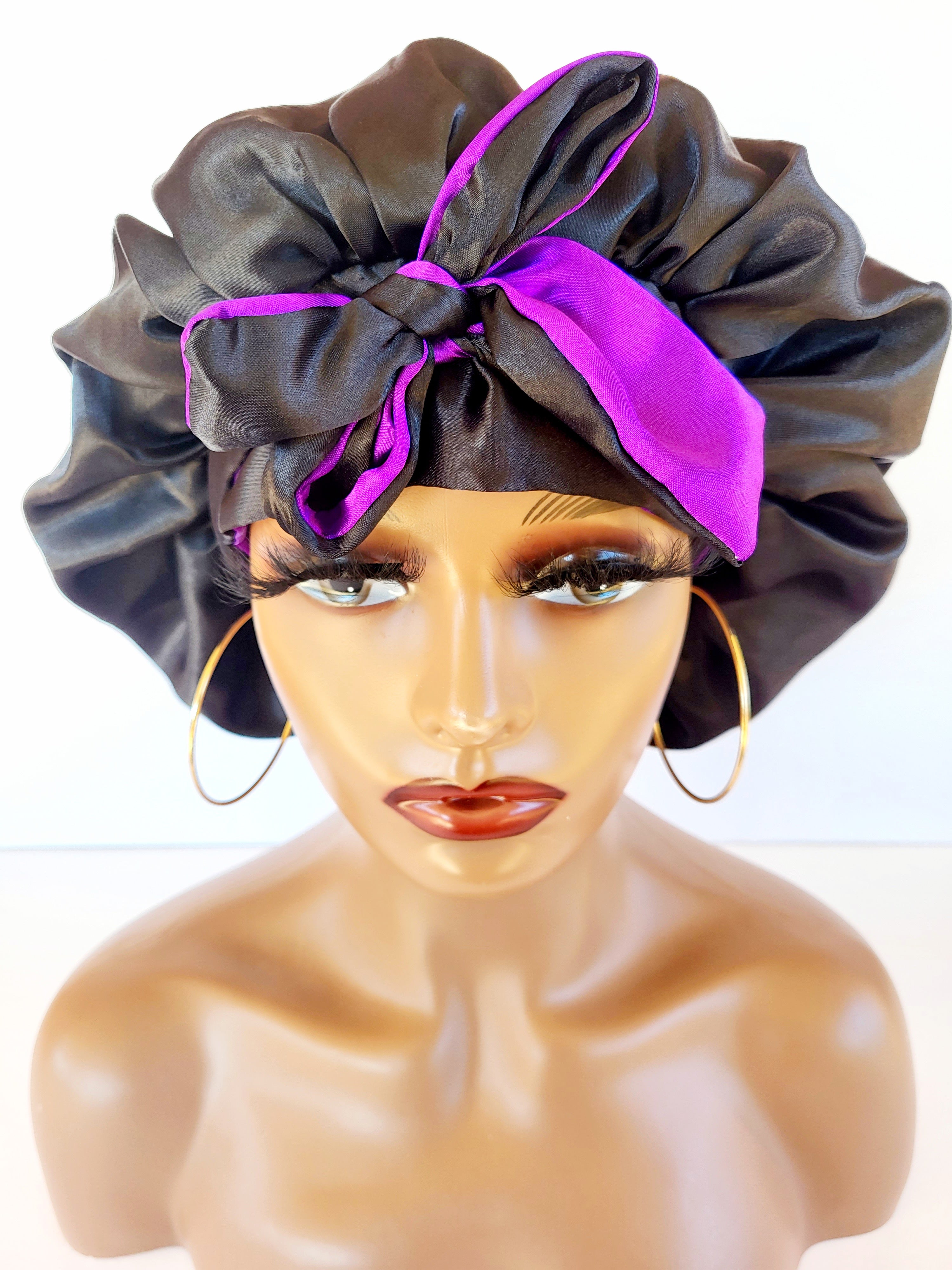 &quot;Purple &amp; Black&quot; Reversible Womens Sleeping Satin Bonnet