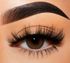 Extreme close-up of a human eye with long, dark false eyelashes applied, a defined dark brown eyebrow, and smooth warm skin filling the frame.