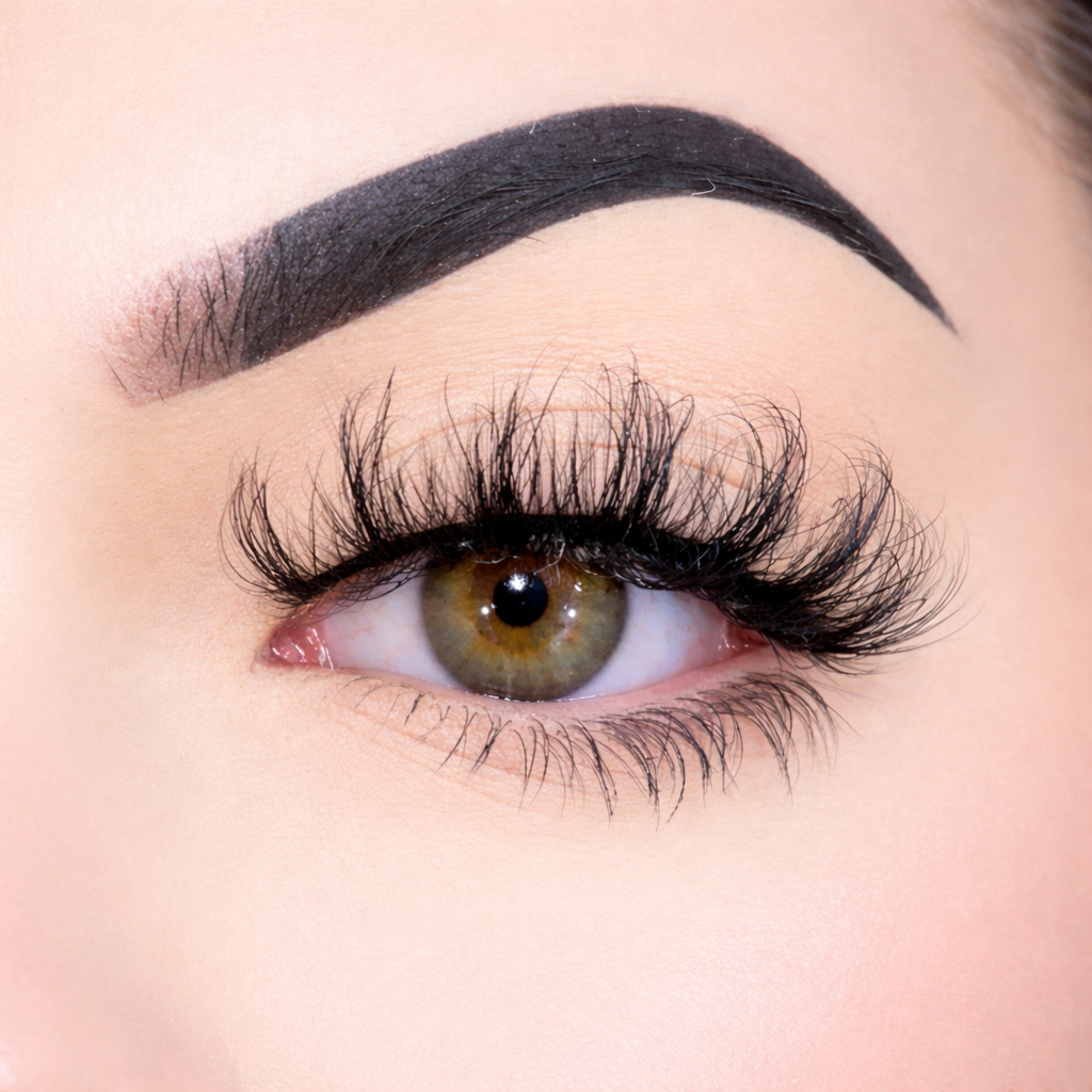 Close-up of an eye with long, dark eyelashes and a well-groomed eyebrow.