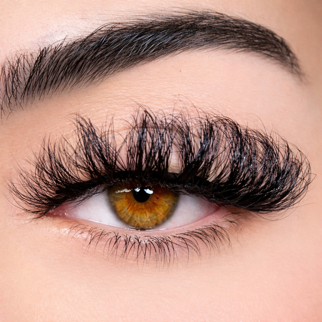 Close-up of an eye with long, dark eyelashes