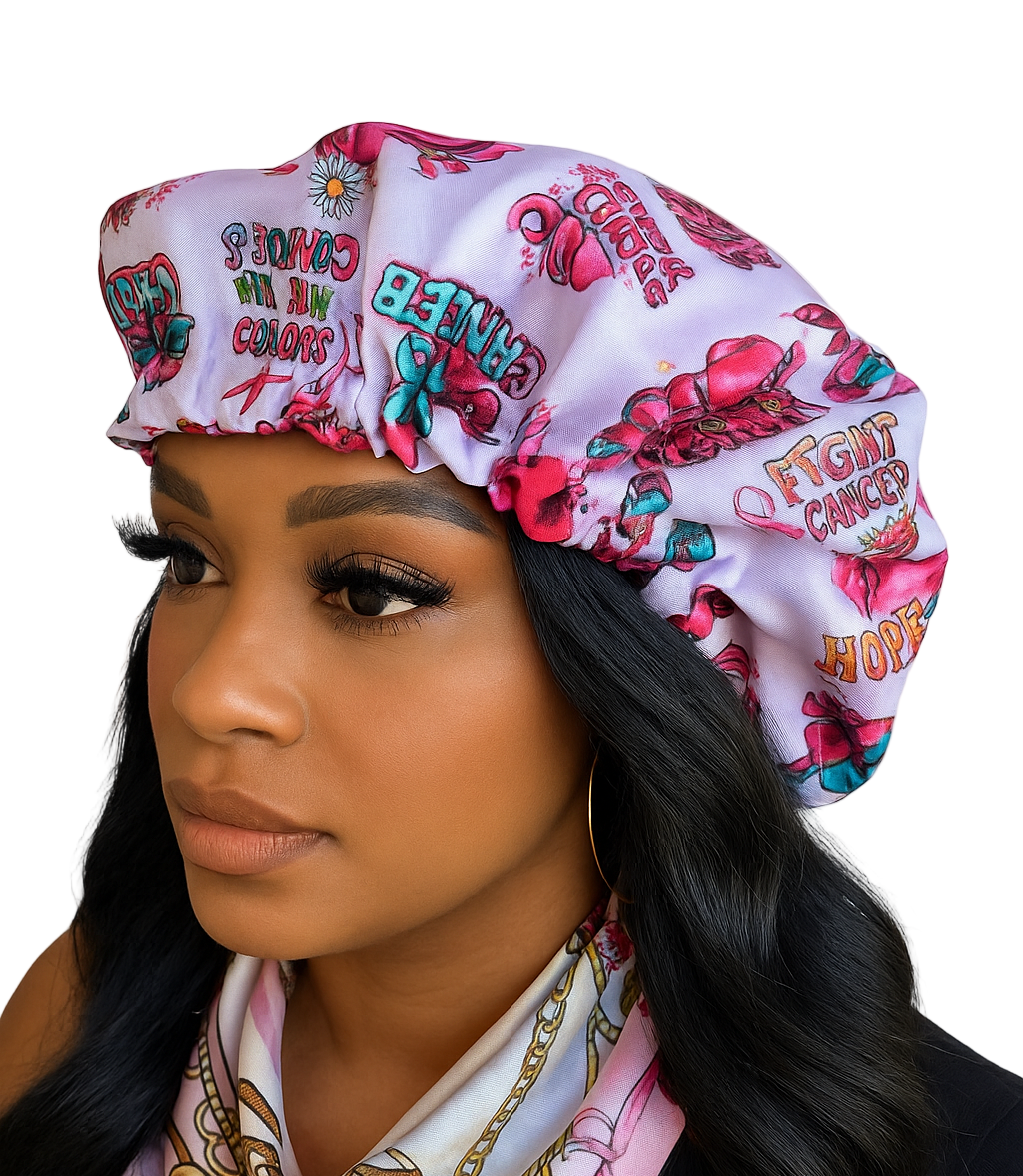 Woman wearing a colorful headscarf with motivational phrases on a white background