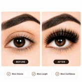 Before and after comparison of eye lashes with text indicating volume, length, and confidence improvements.