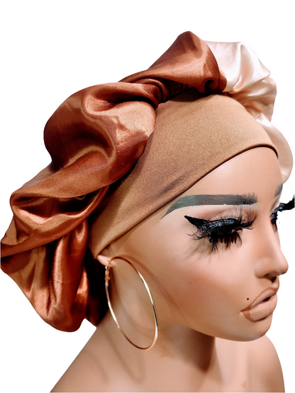 Beige &amp; Brown Wide Band Sleeping Satin Hair Bonnet