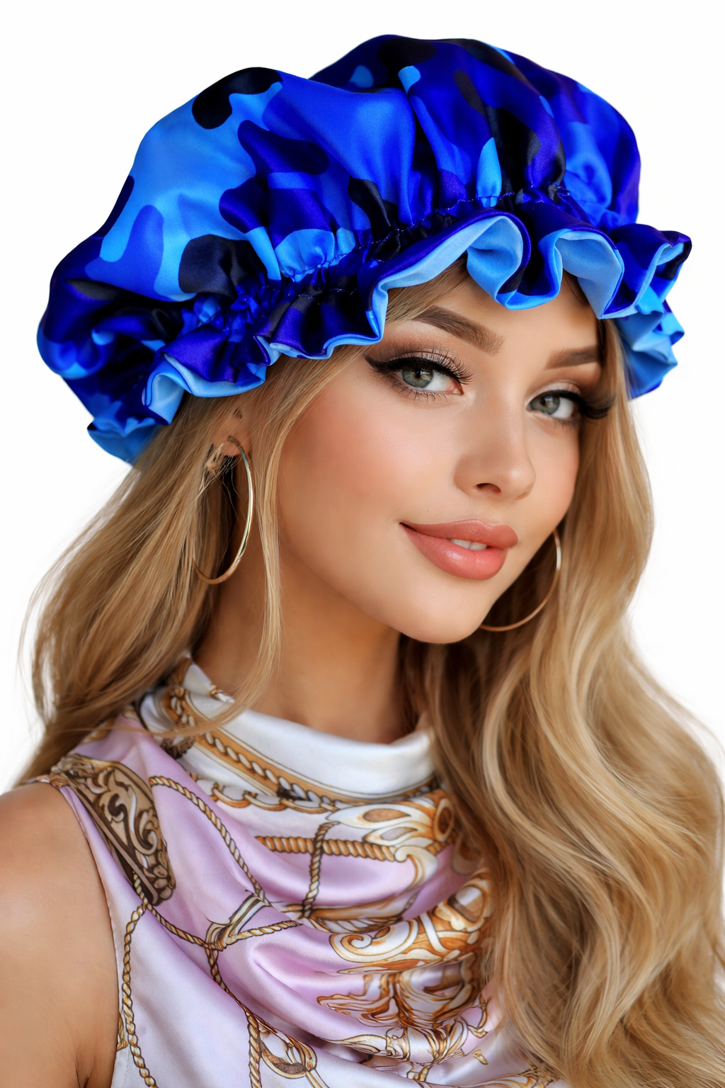 Woman wearing a blue satin bonnet with a white background