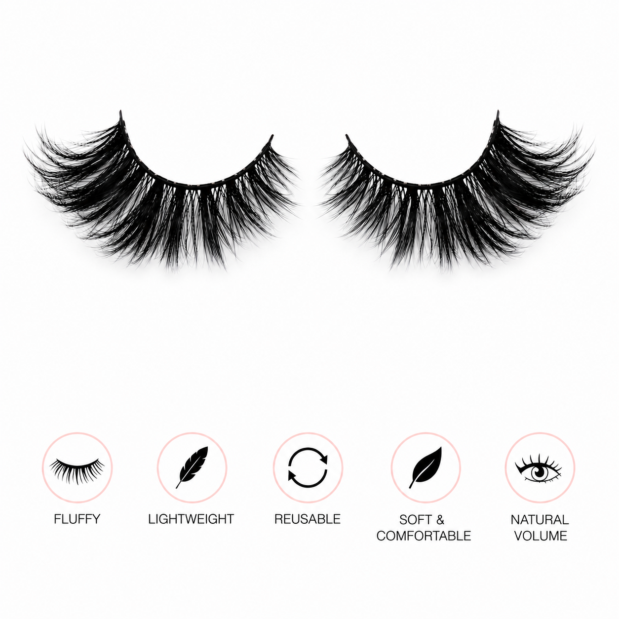 A pair of black false eyelashes shown on a white background, with five feature icons and text below: Fluffy, Lightweight, Reusable, Soft &amp; Comfortable, and Natural Volume.