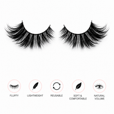 A pair of black false eyelashes shown on a white background, with five feature icons and text below: Fluffy, Lightweight, Reusable, Soft & Comfortable, and Natural Volume.