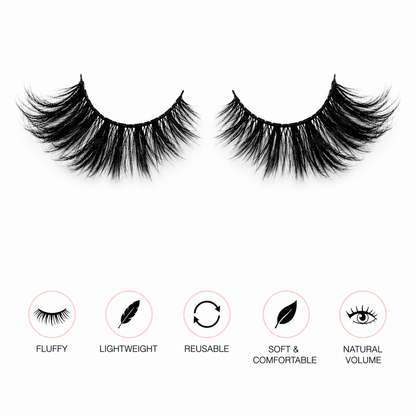 A pair of black false eyelashes shown on a white background, with five feature icons and text below: Fluffy, Lightweight, Reusable, Soft &amp; Comfortable, and Natural Volume.