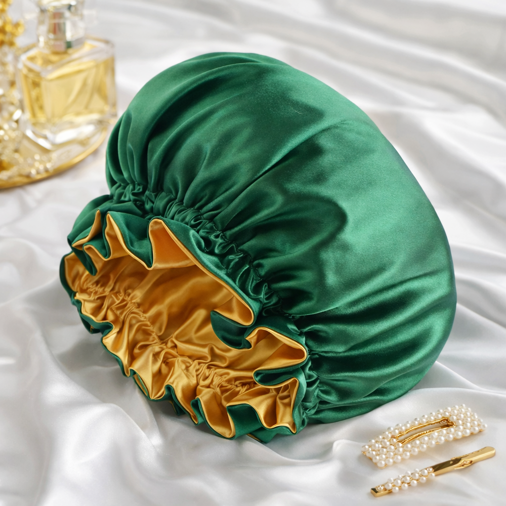 Emerald &amp; Gold Reversible Satin Bonnet Luxury Silk