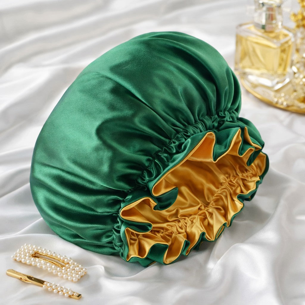 Emerald &amp; Gold Reversible Satin Bonnet Luxury Silk