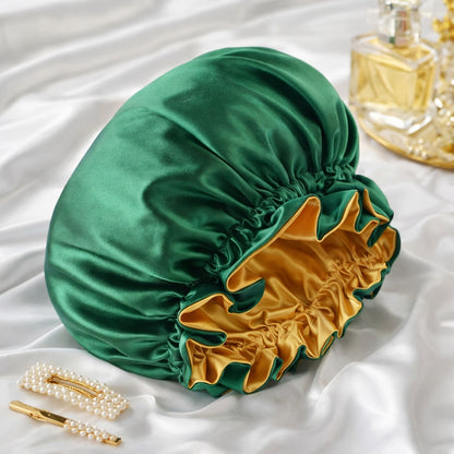 Emerald &amp; Gold Reversible Satin Bonnet Luxury Silk