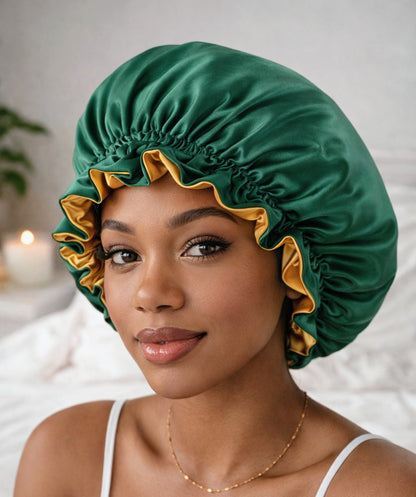 Emerald &amp; Gold Reversible Satin Bonnet Luxury Silk