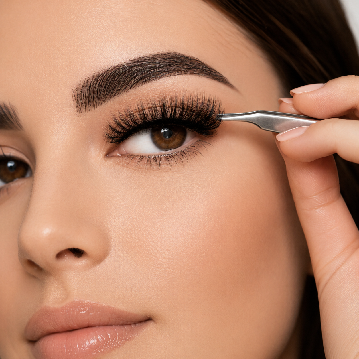 Close-up of a woman applying false eyelashes with tweezers.