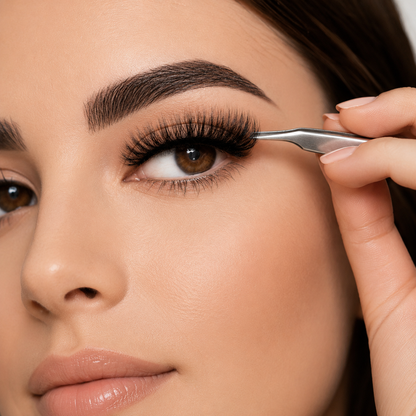 Close-up of a woman applying false eyelashes with tweezers.