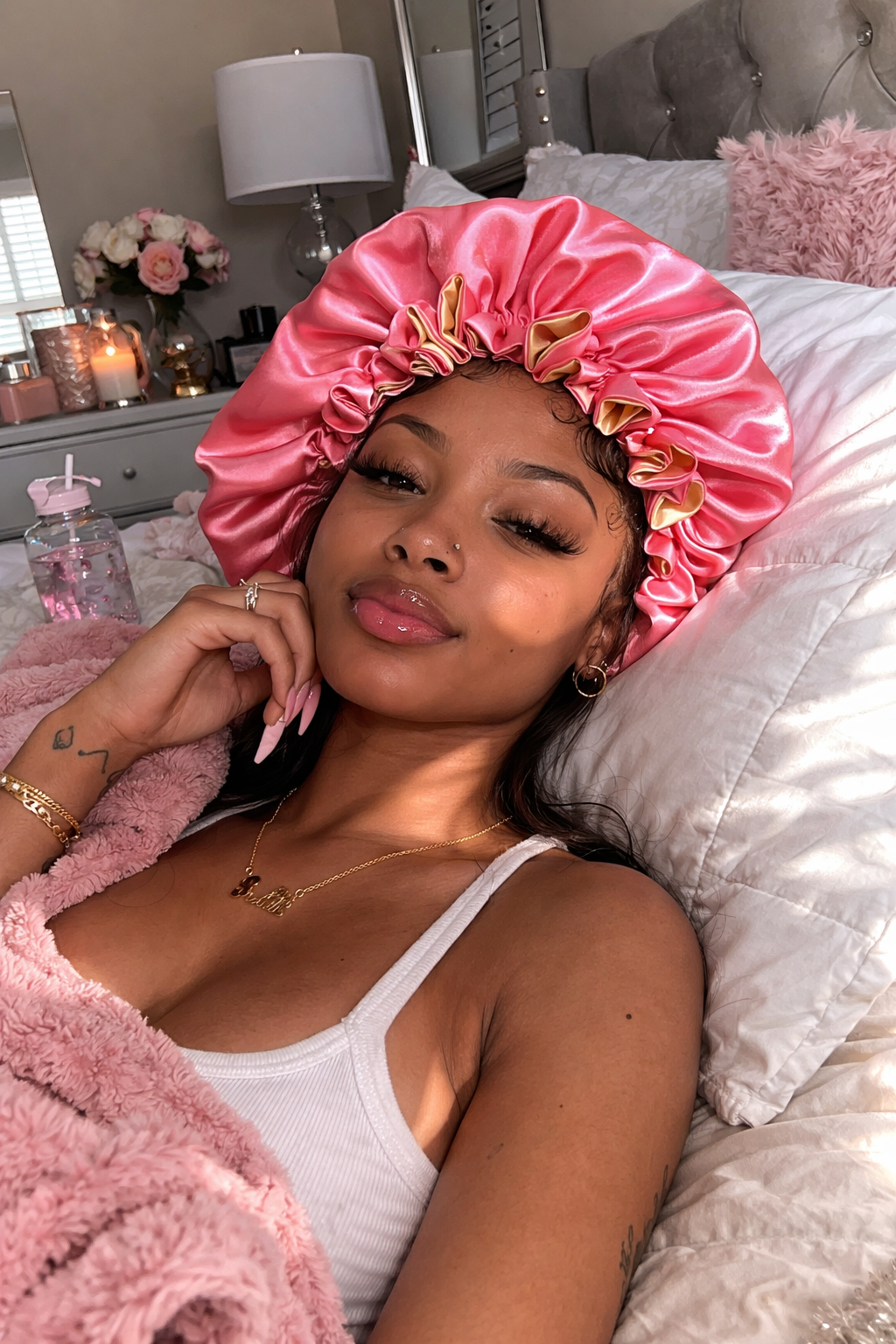 PINK CORAL Reversible Satin Bonnet for Hair