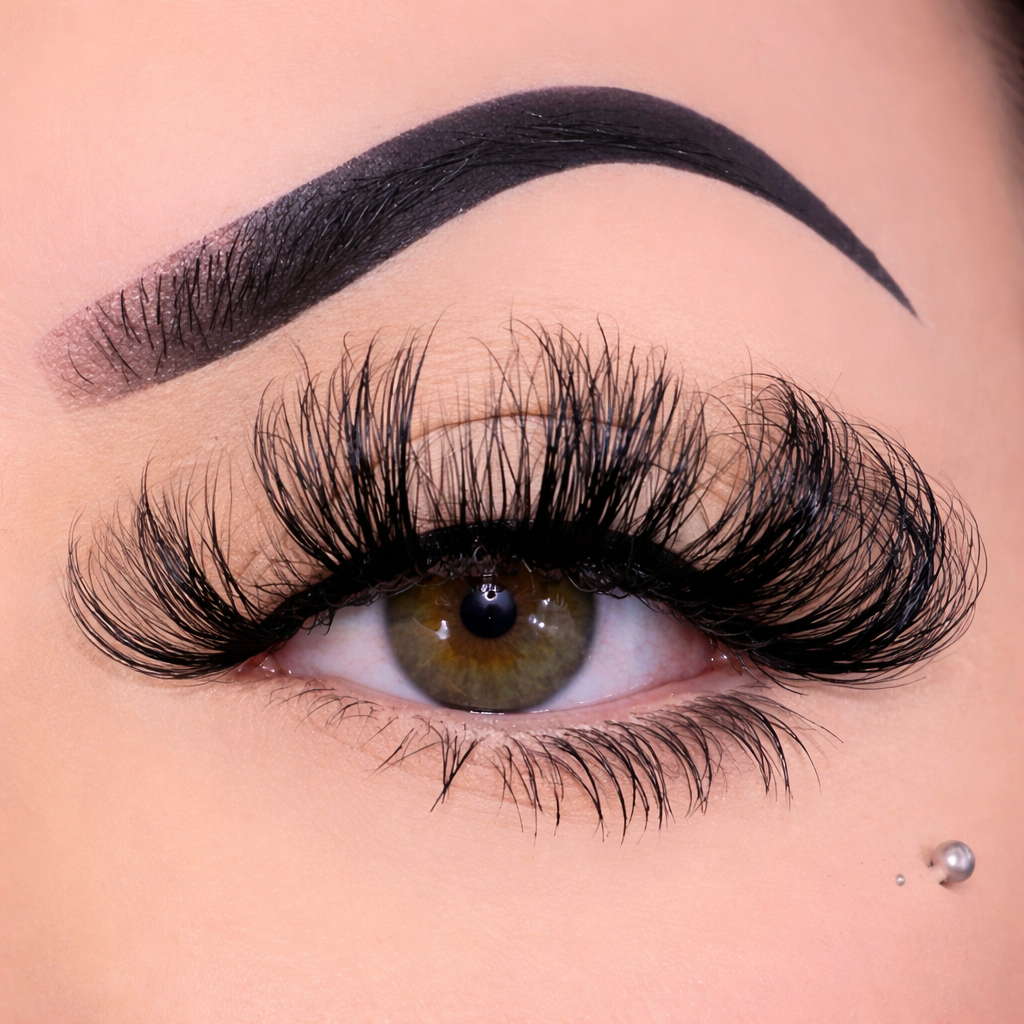 Close-up of an eye with long, dark eyelashes and a well-groomed eyebrow.