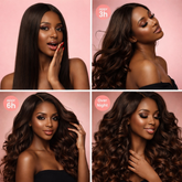 Collage of a woman with styled hair over time on a pink background