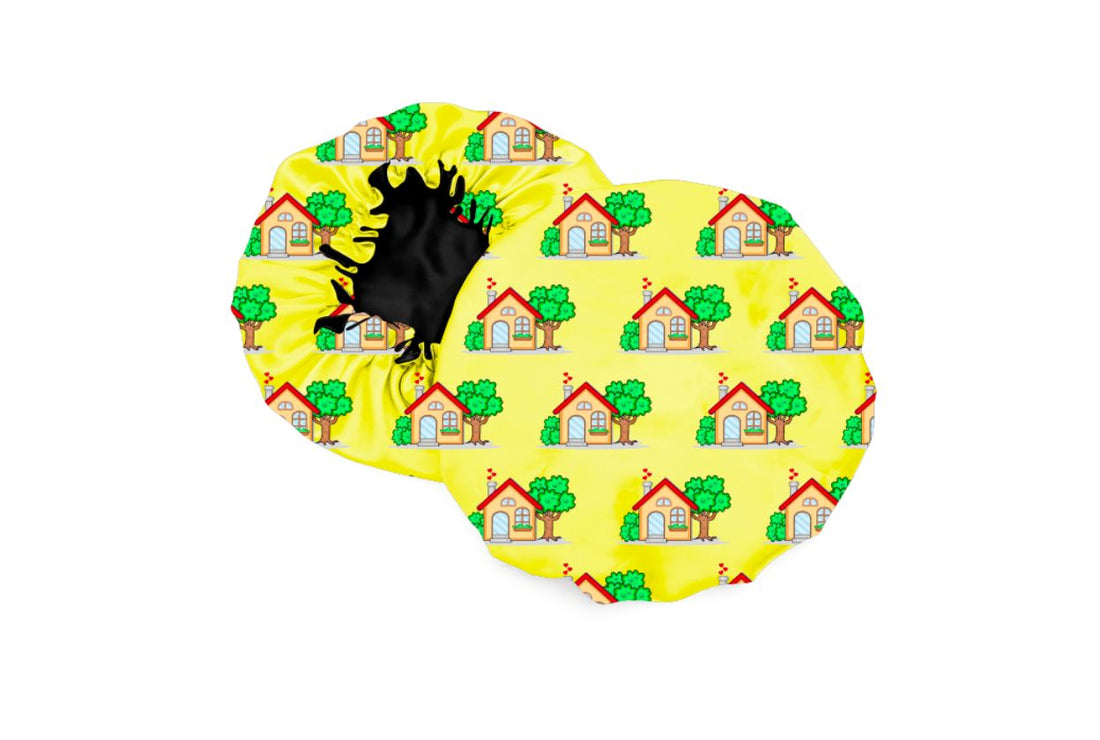 Kids Satin Hair Bonnet- Yellow House &amp; Tree Design I Frizz Protection &amp; Moisture Retention