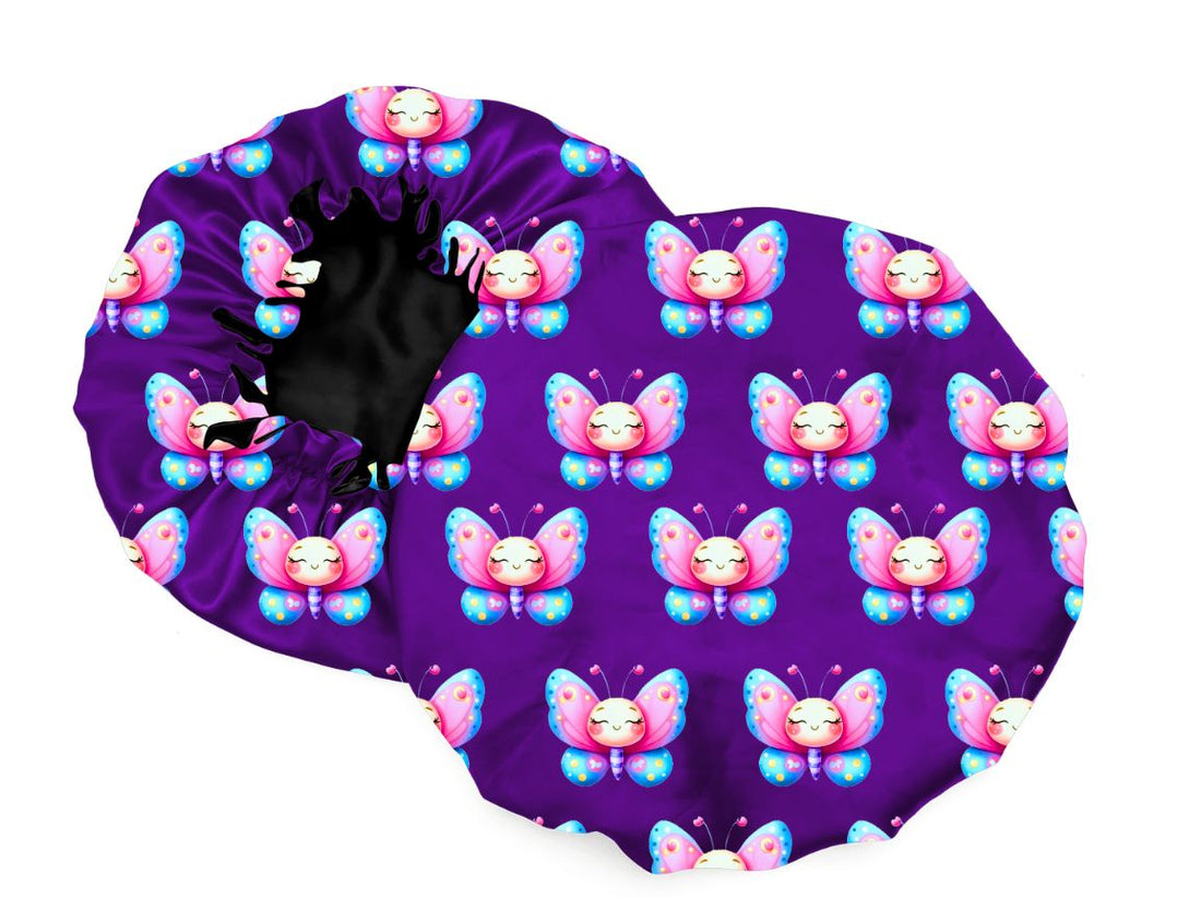 Kids Satin Sleep Bonnet – Purple Butterfly Print | Hair Protection for Girls