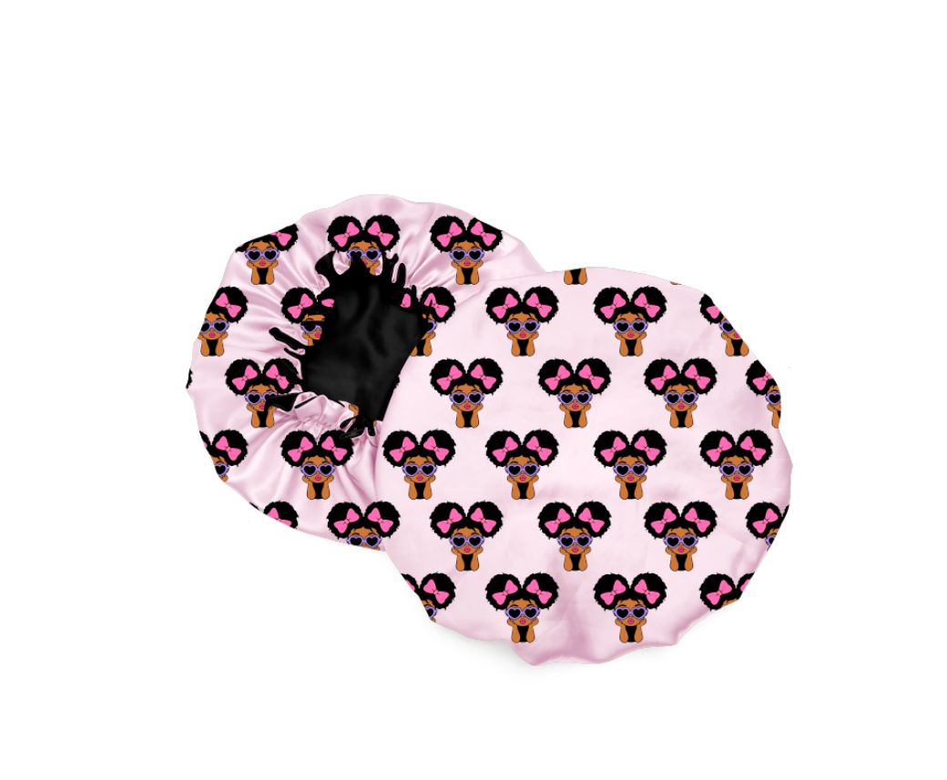 Kids Satin Hair Bonnet-Pink Afro Princess Design I Protective Sleep Cap for Girls