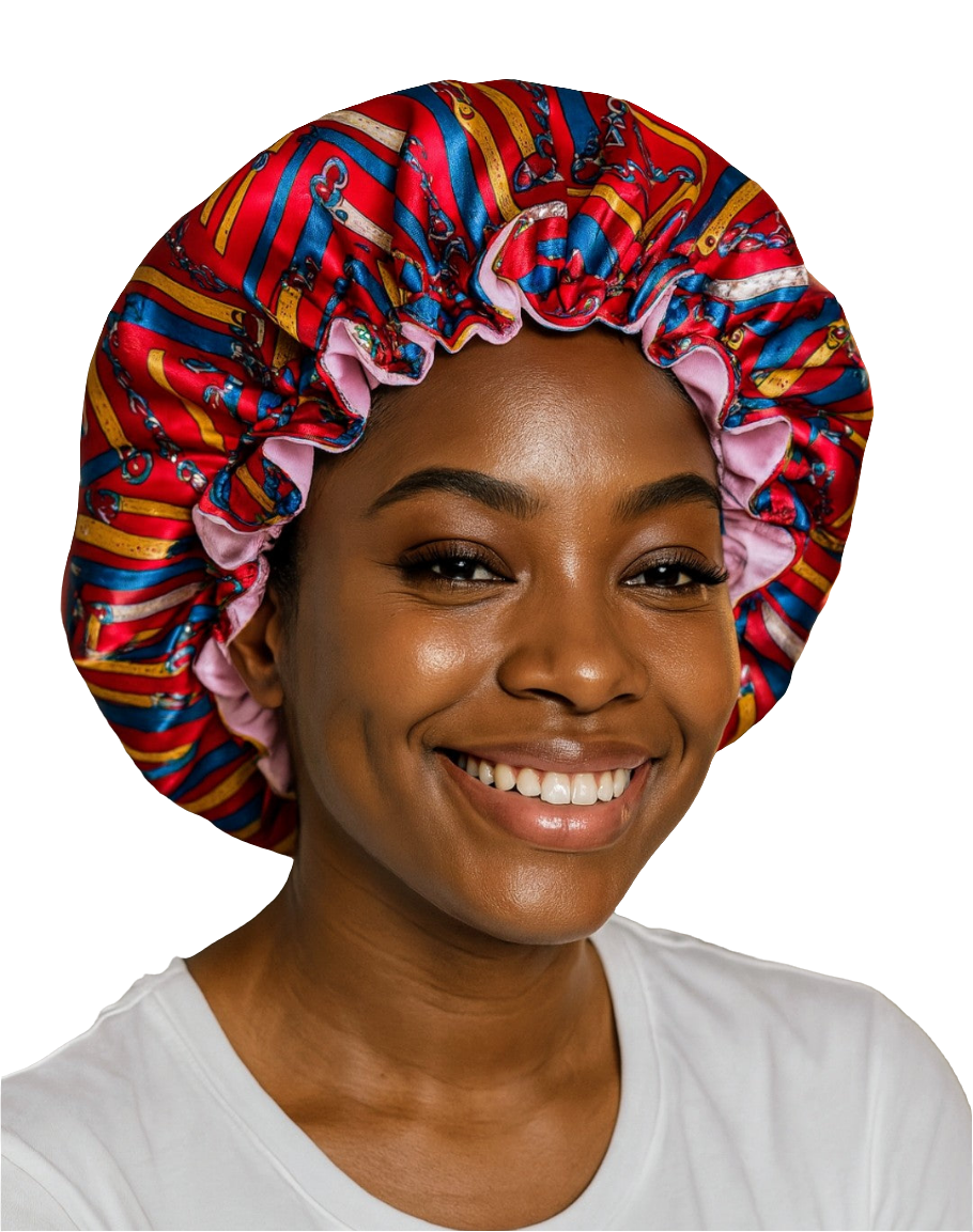 Woman wearing a colorful satin bonnet on a white background