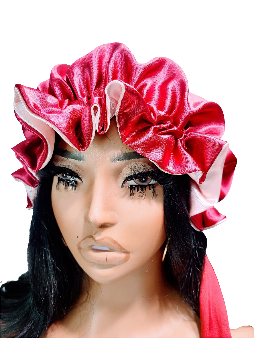 ✨ Ruby Reversible Satin Sleep Bonnet – Red &amp; Pink Double-Layer Hair Protection Bonnet