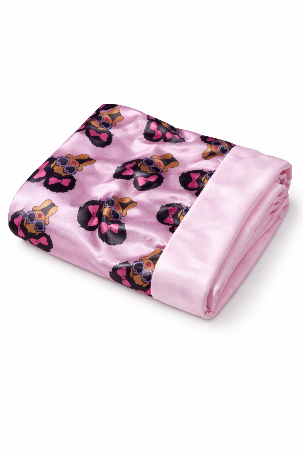 Pink bonnet with afro hair pattern on a white background