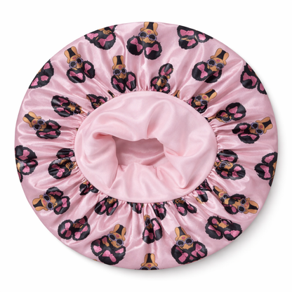 Pink shower cap with afro girl pattern on a white background