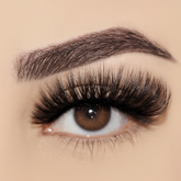 Close-up of an eye with long, dark eyelashes and a well-groomed eyebrow.