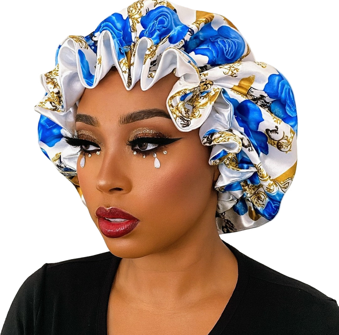 Royal Bloom Reversible Satin Bonnet -Blue & Gold  Luxe Edition