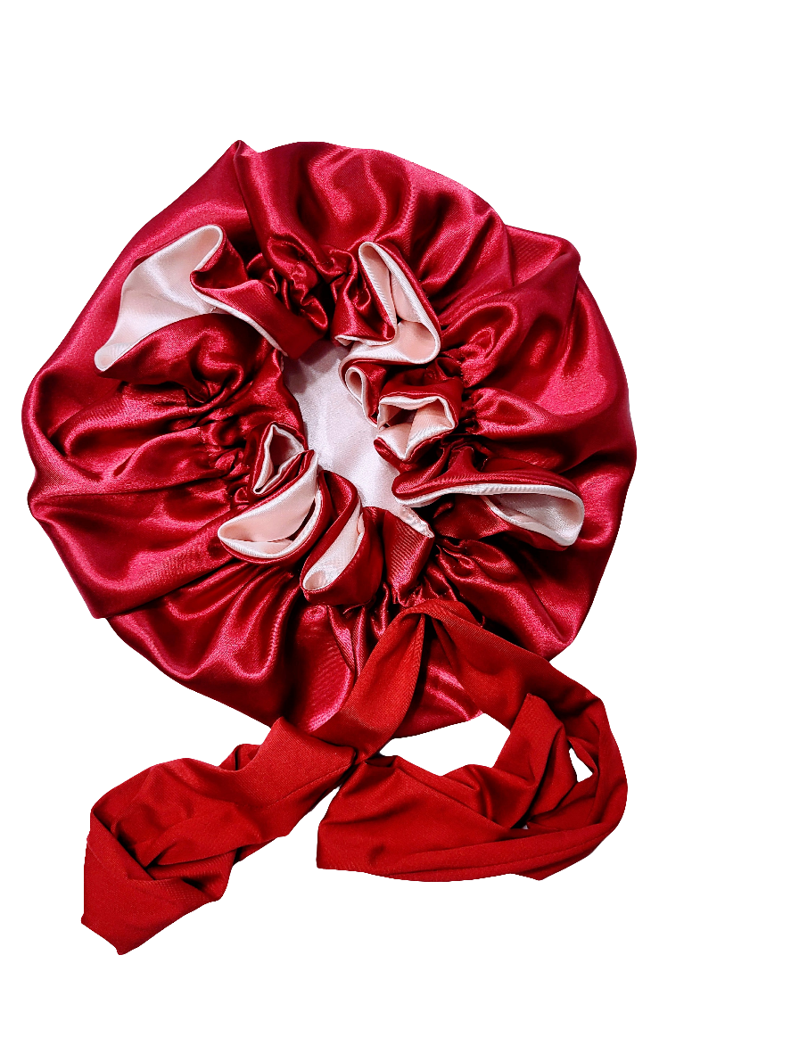 ✨ Ruby Reversible Satin Sleep Bonnet – Red &amp; Pink Double-Layer Hair Protection Bonnet