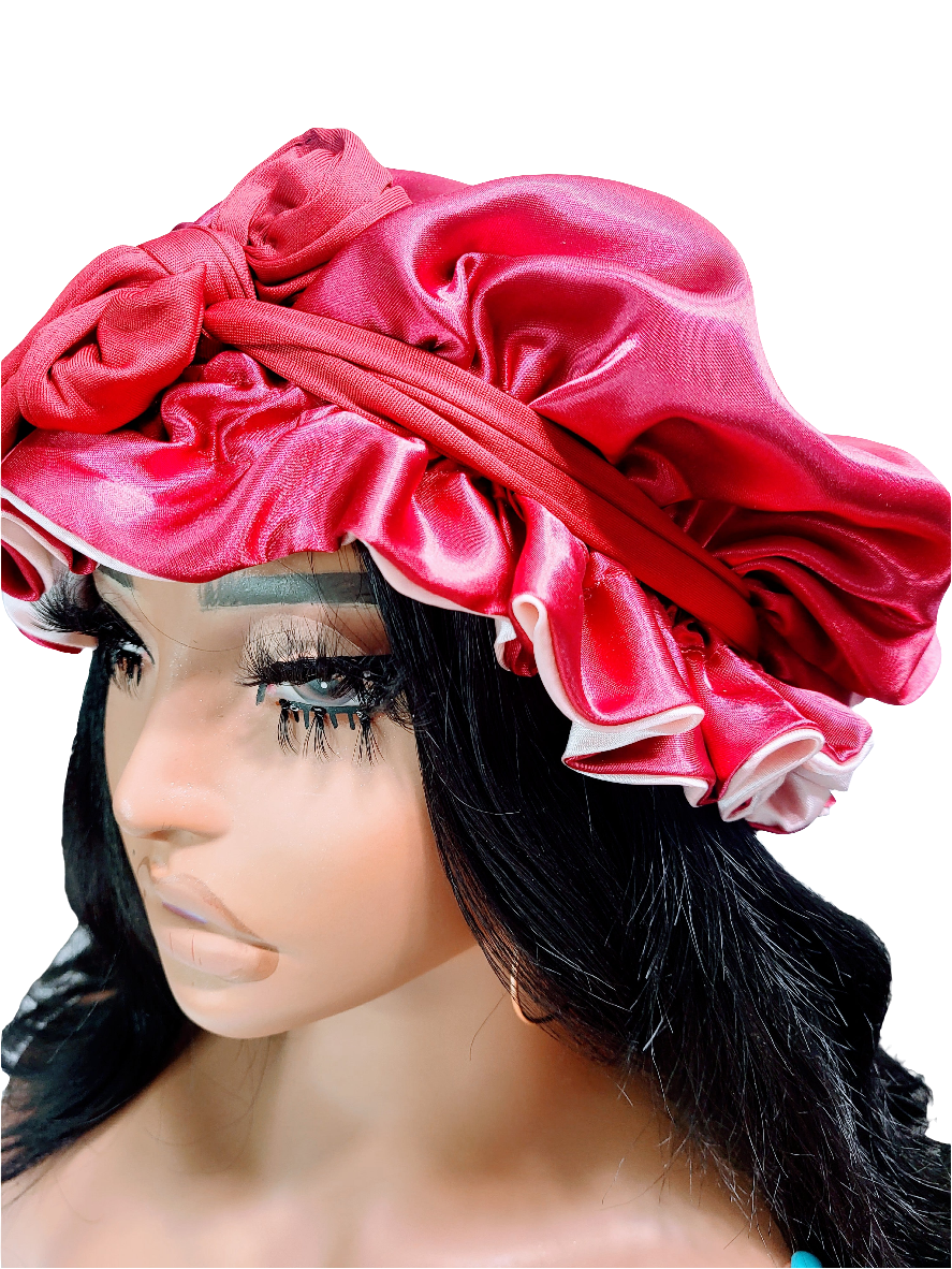 Reversible Satin Sleep Bonnet – Red &amp; Pink color on a mannequin on white background