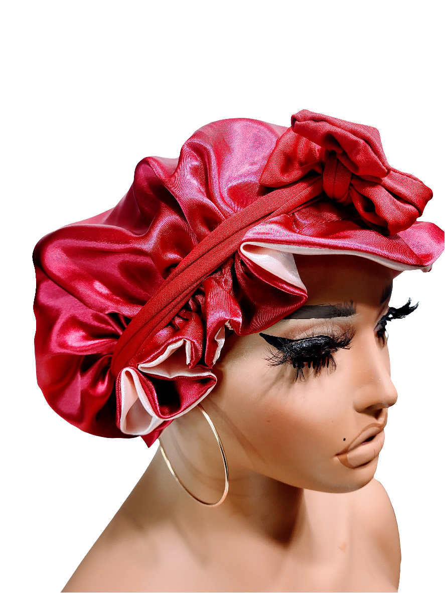 ✨ Ruby Reversible Satin Sleep Bonnet – Red &amp; Pink Double-Layer Hair Protection Cap on a mannequin on white background