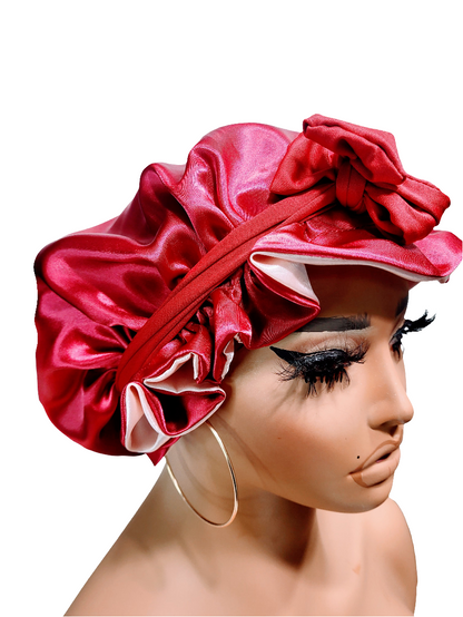 ✨ Ruby Reversible Satin Sleep Bonnet – Red &amp; Pink Double-Layer Hair Protection Cap on a mannequin on white background