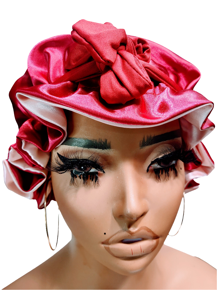  Reversible Satin Sleep Bonnet – Red &amp; Pink Double-Layer Hair Protection Cap