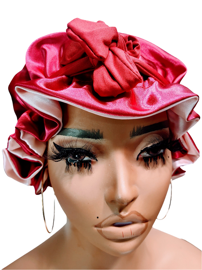  Reversible Satin Sleep Bonnet – Red &amp; Pink Double-Layer Hair Protection Cap
