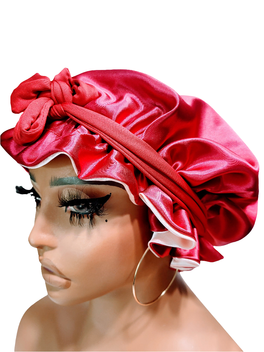 Ruby Reversible Satin Sleep Bonnet – Red &amp; Pink Double-Layer Hair Protection Cap on a mannequin with white background