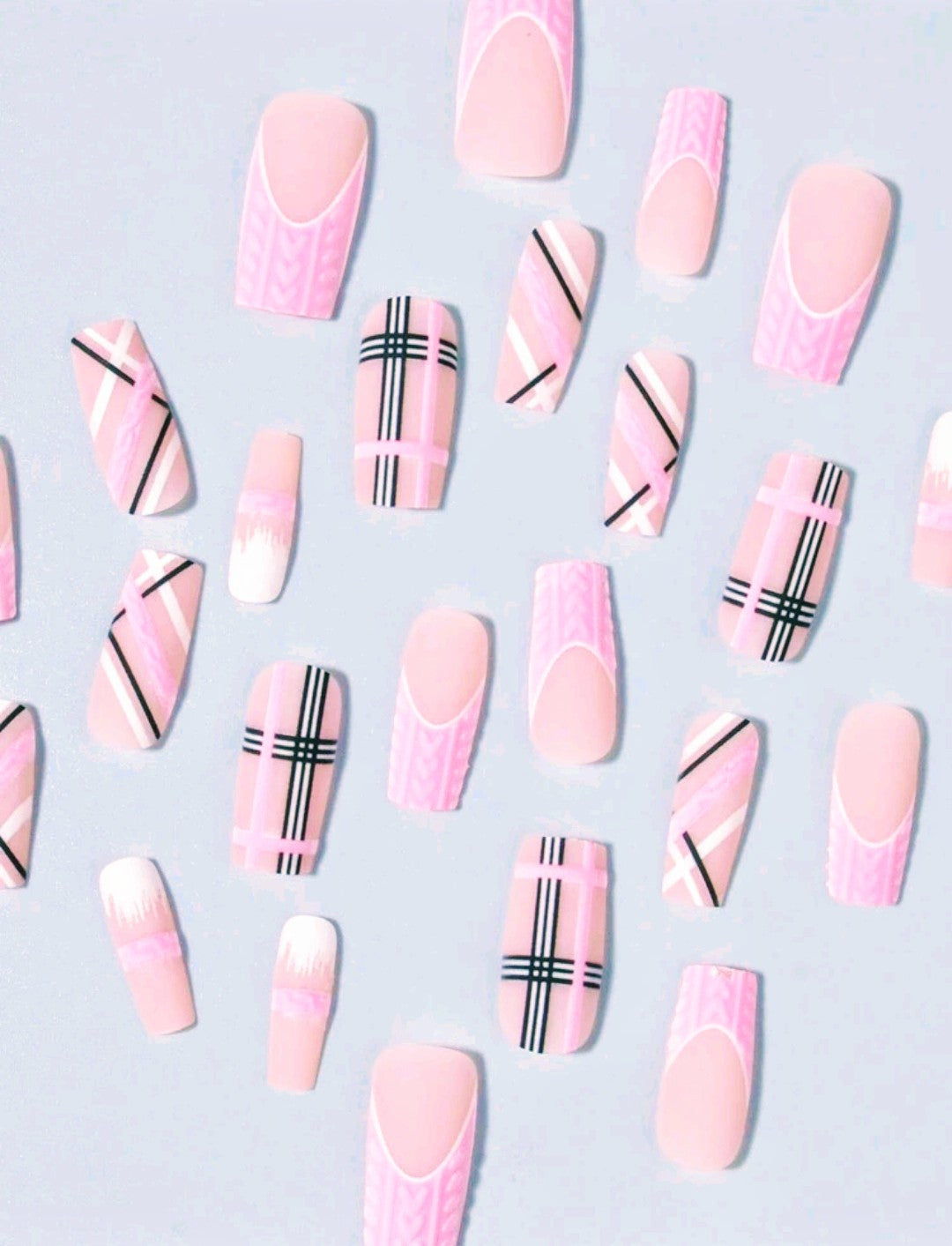 &quot;Pink Plaid&quot; 24 piece press on long french tip acrylic nails with glue
