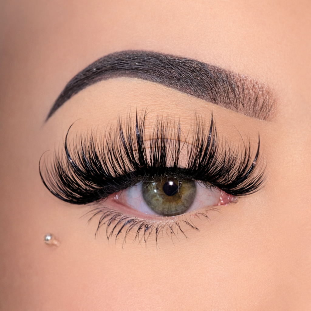 Close-up of an eye with long, dark eyelashes and a blurred background