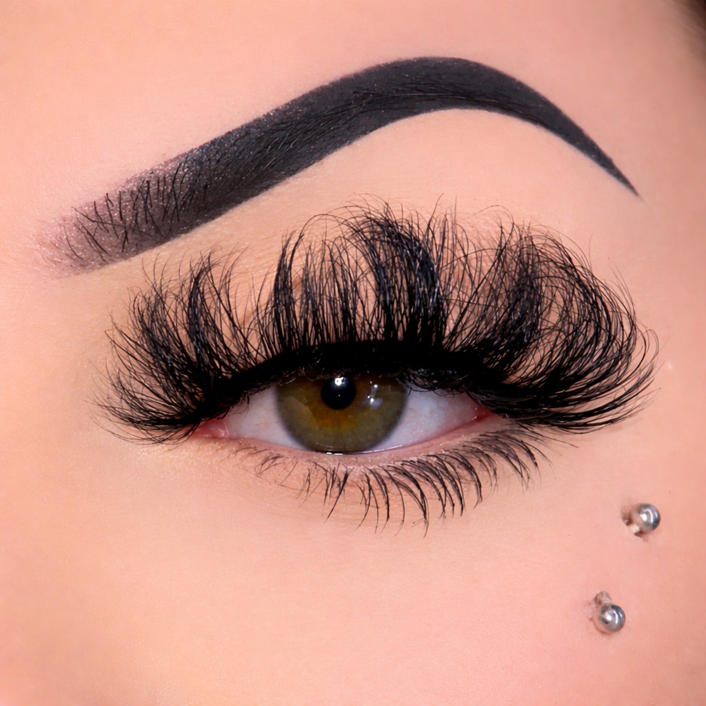 Close-up of an eye with long eyelashes and a well-groomed eyebrow.