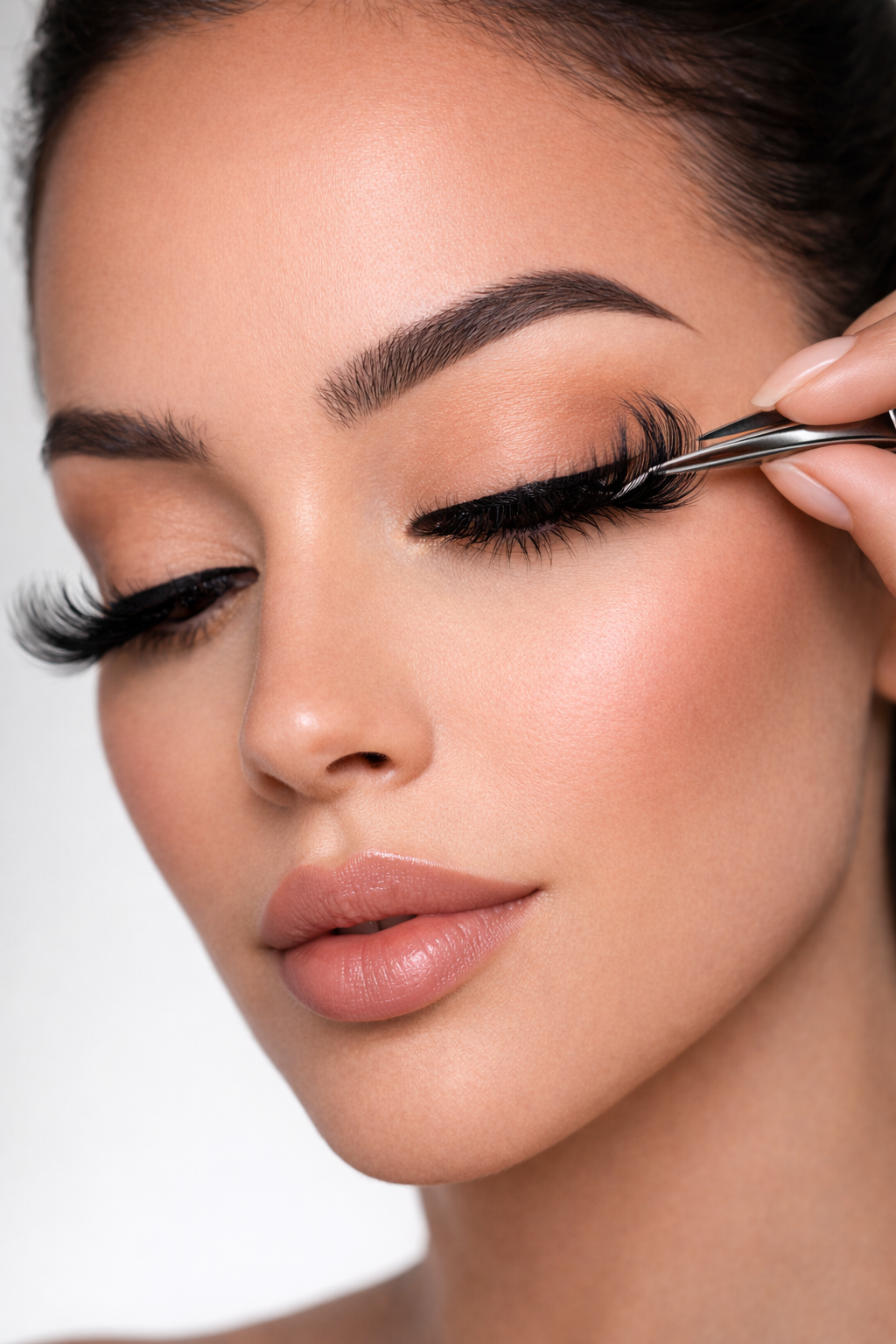 Close-up of a woman applying false eyelashes with a tool.