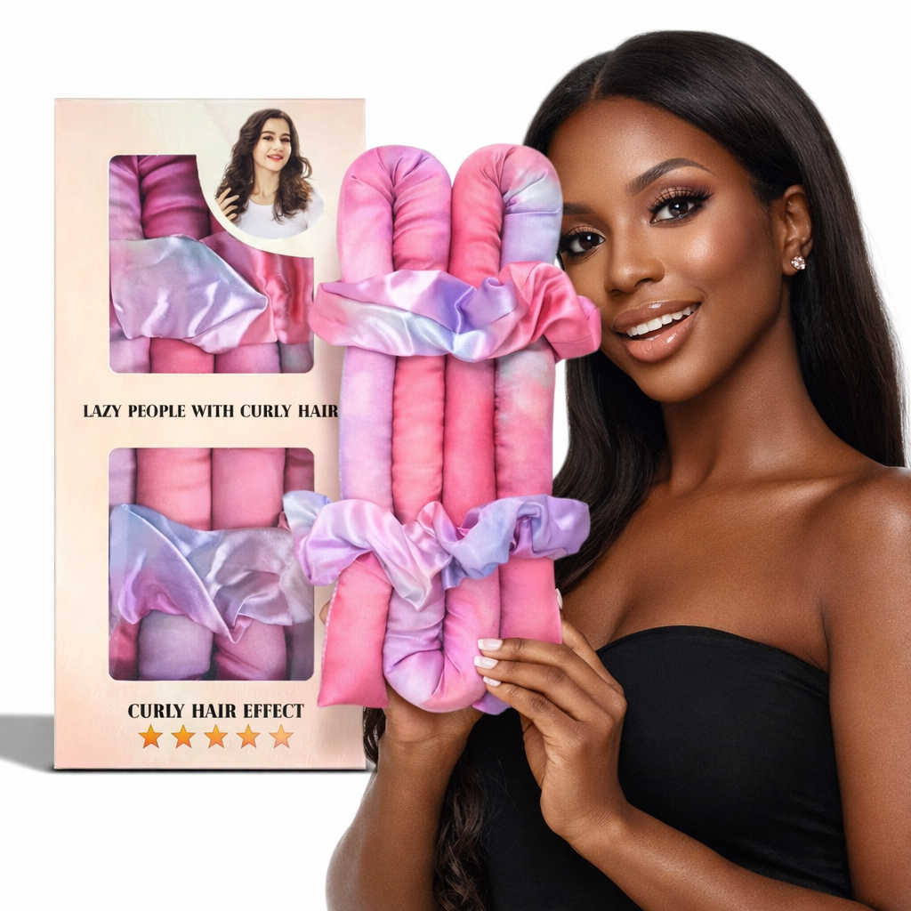 Woman holding pink and purple hair scrunchies with packaging in the background