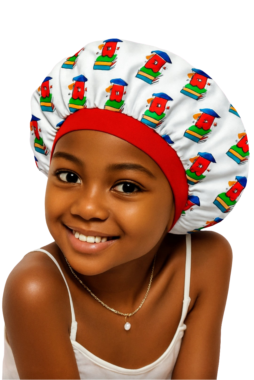 Smart Scholars Kids Satin Bonnet – Graduation Cap &amp; Books Print | Hair Protection for Kids