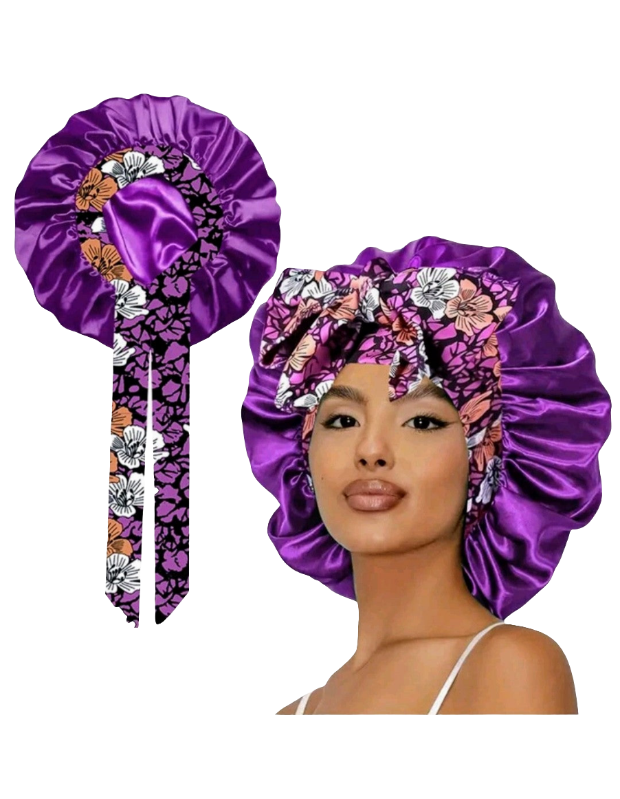 PURPLE FLOWER Reversible Sleeping Satin Hair Tying Bonnet