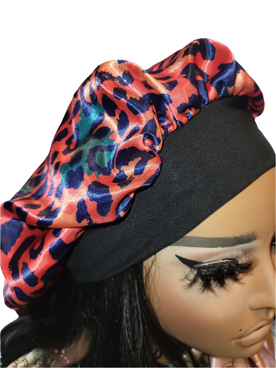 RED LEOPARD Wide Band Elastic Single Layer Satin Hair Bonnet