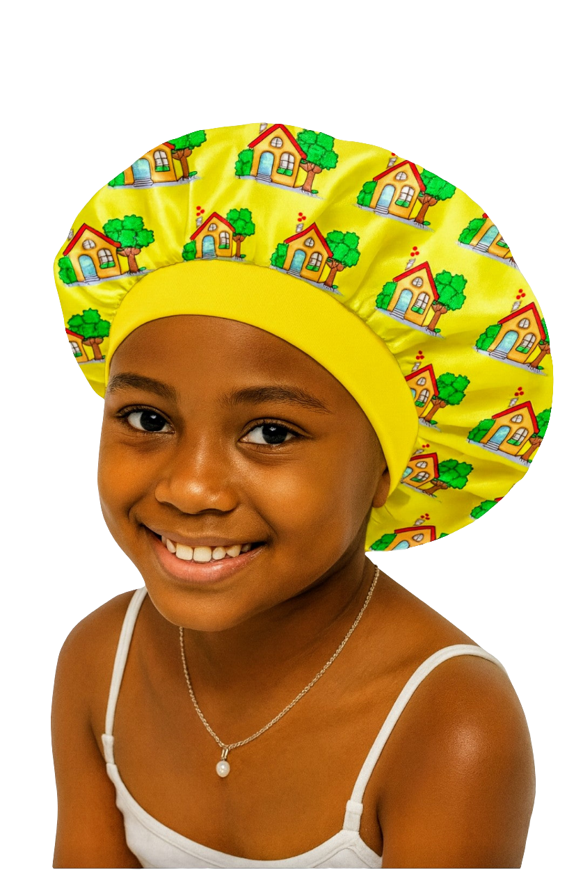 Kids Satin Hair Bonnet- Yellow House &amp; Tree Design I Frizz Protection &amp; Moisture Retention