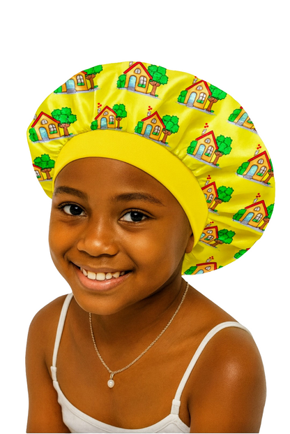 Kids Satin Hair Bonnet- Yellow House &amp; Tree Design I Frizz Protection &amp; Moisture Retention