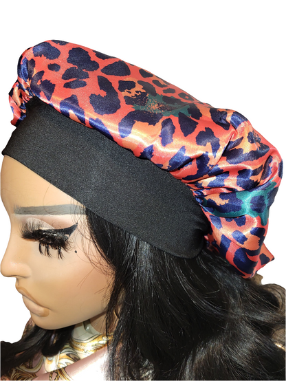 RED LEOPARD Wide Band Elastic Single Layer Satin Hair Bonnet