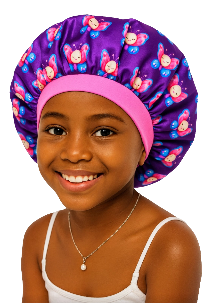 Kids Satin Sleep Bonnet – Purple Butterfly Print | Hair Protection for Girls