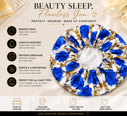 Royal Bloom Reversible Satin Bonnet -Blue &amp; Gold  Luxe Edition